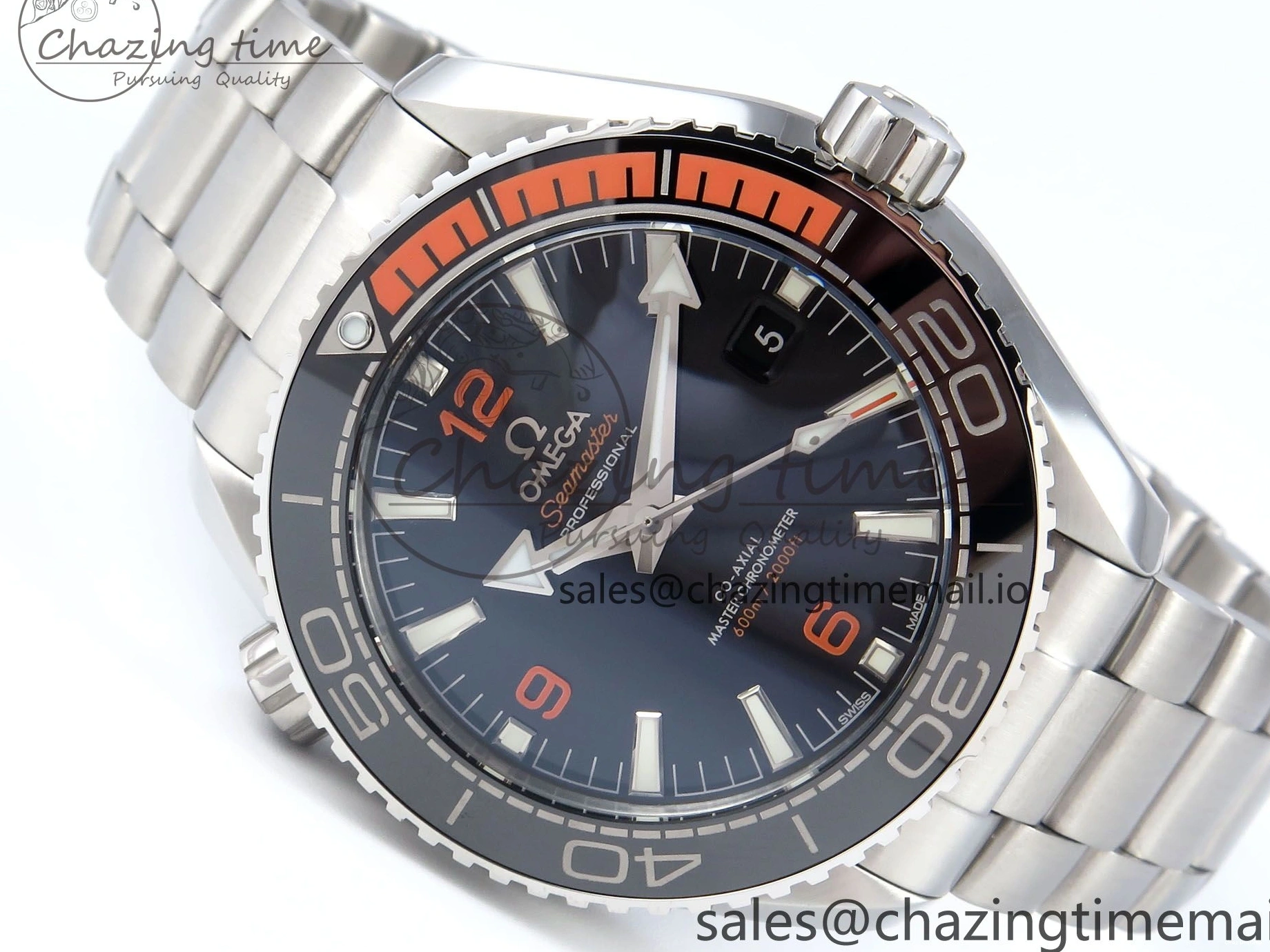 0223 WrinkleFree Seamaster Planet Ocean 600M 43.5mm SS SCF 1:1 Best Edition Black Orange Bezel Black Dial on SS Bracelet A8900 Super Clone 7682